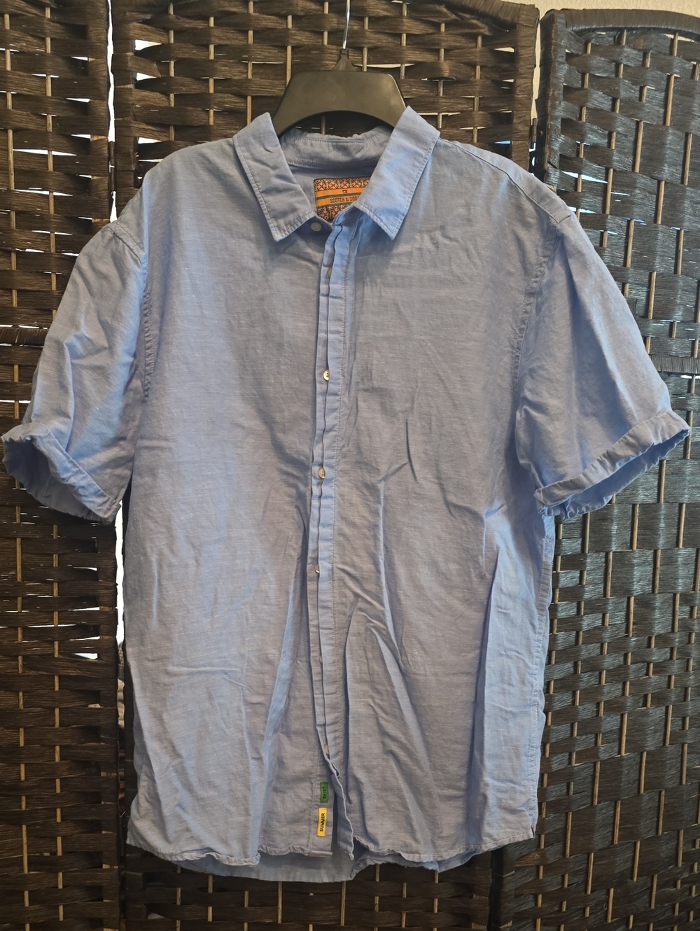 Scotch & Soda Men's Light Blue Short-Sleeve Button-Up Linen Shirt, Large, EUC